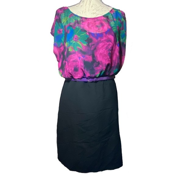 AB Studio Dresses & Skirts - AB STUDIO Sheer Floral Sheath Belted Dress Size 16 Black